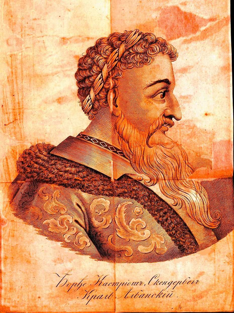 Ο Γεώργιος Καστριώτης ή Σκεντέρμπεης (1404 ή 1405 - 17 Ιανουαρίου 1468), γνωστός στην αλβανική βιβλιογραφία ως Γκιέργκι Καστριότι (Gjergj Kastrioti Skënderbeu). Προσωπογραφία.
