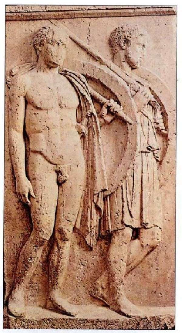 Επιτύμβια στήλη δύο πολεμιστών, του Χαιρεδήμου και του Λυκέα. Β’ μισό του 5ου αιώνα π.Χ. Αρχαιολογικό Μουσείο Πειραιά.