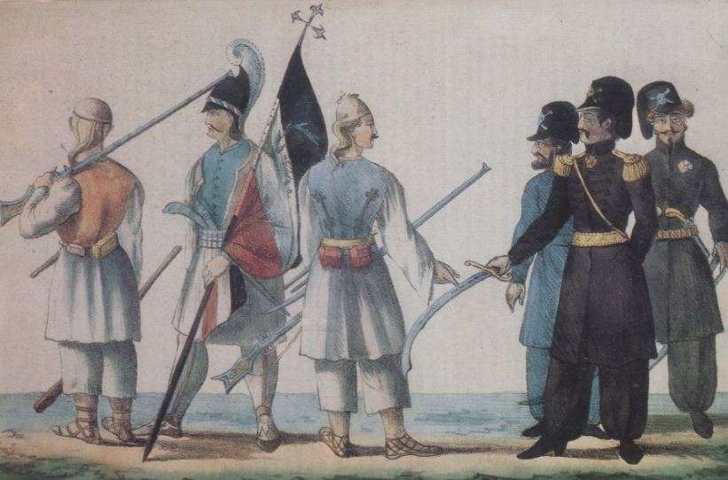 Ο Δημήτριος Υψηλάντης συνοδευόμενος από δύο αξιωματικούς δίνει διαταγές στον σημαιοφόρο του Κολοκοτρώνη.