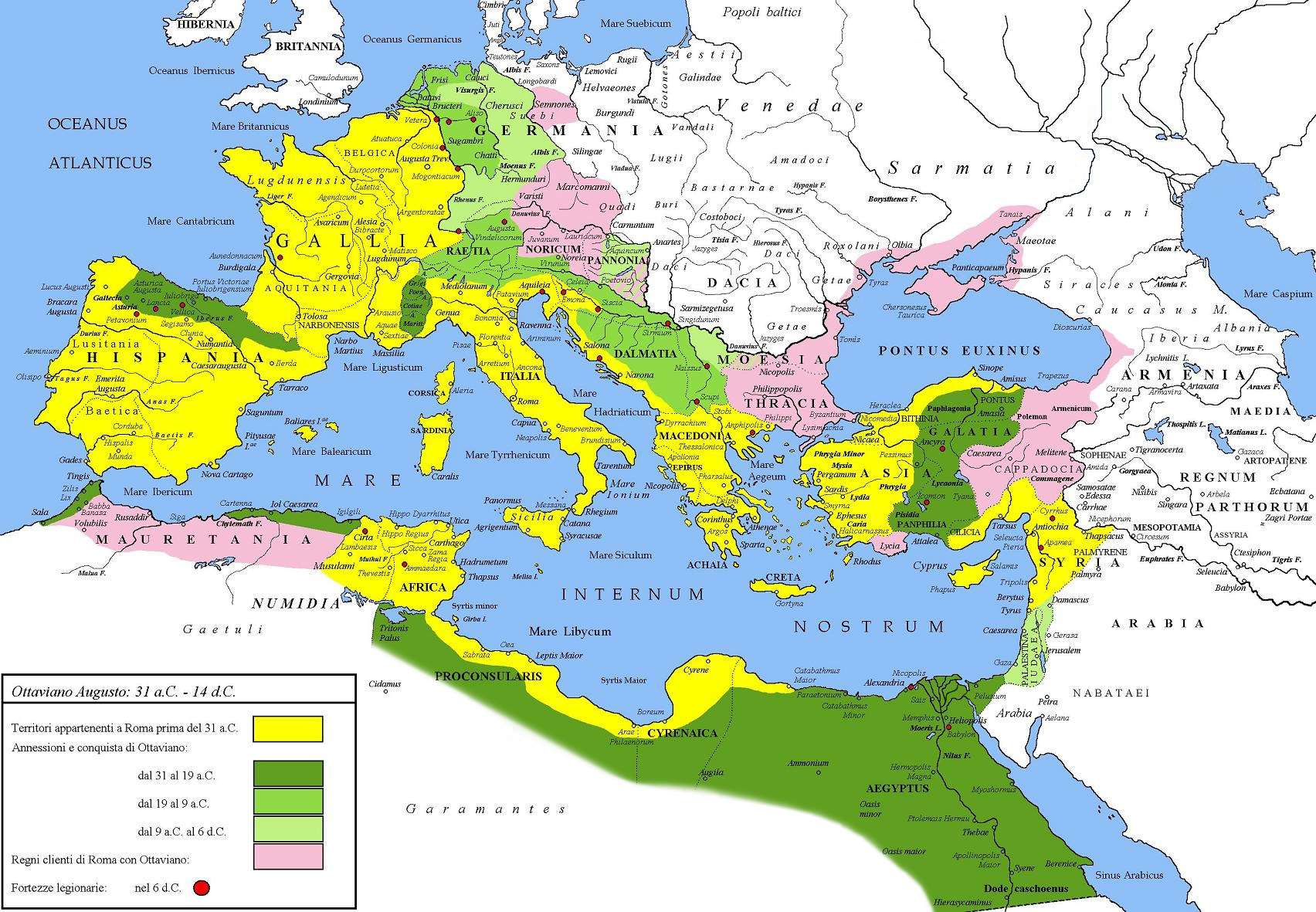 Έκταση της Ρωμαϊκής Αυτοκρατορίας υπό τον Αύγουστο. Με κίτρινο χρώμα σημειώνεται η έκταση του κράτους το 31 π.Χ., με πράσινο χρώμα οι περιοχές που κατακτήθηκαν όσο ήταν στην εξουσία ο Αύγουστος και με ροζ τα υποτελή κράτη.
