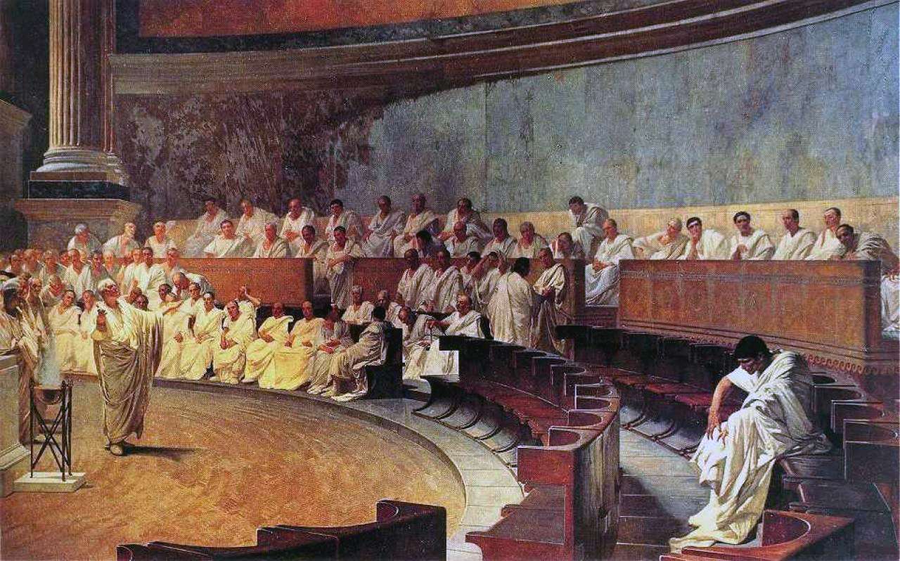 Αναπαράσταση μιας συνεδρίας στη ρωμαϊκή Σύγκλητο: ο Κικέρων καταφέρεται κατά του Κατιλίνα, από τοιχογραφία του 19ου αιώνα.