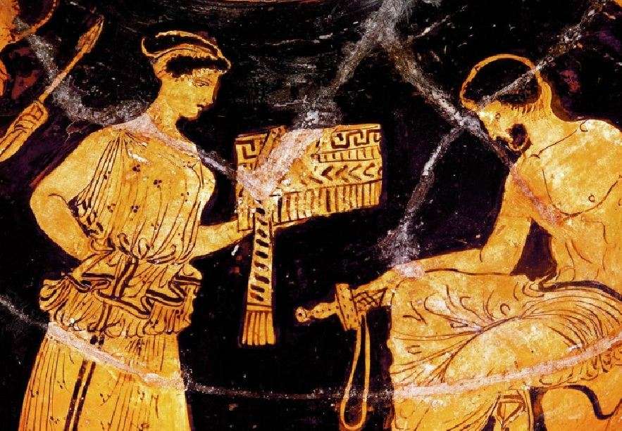 Οδυσσέας και Καλυψώ. Αθηναϊκό ερυθρόμορφο αγγείο, 450 π.Χ