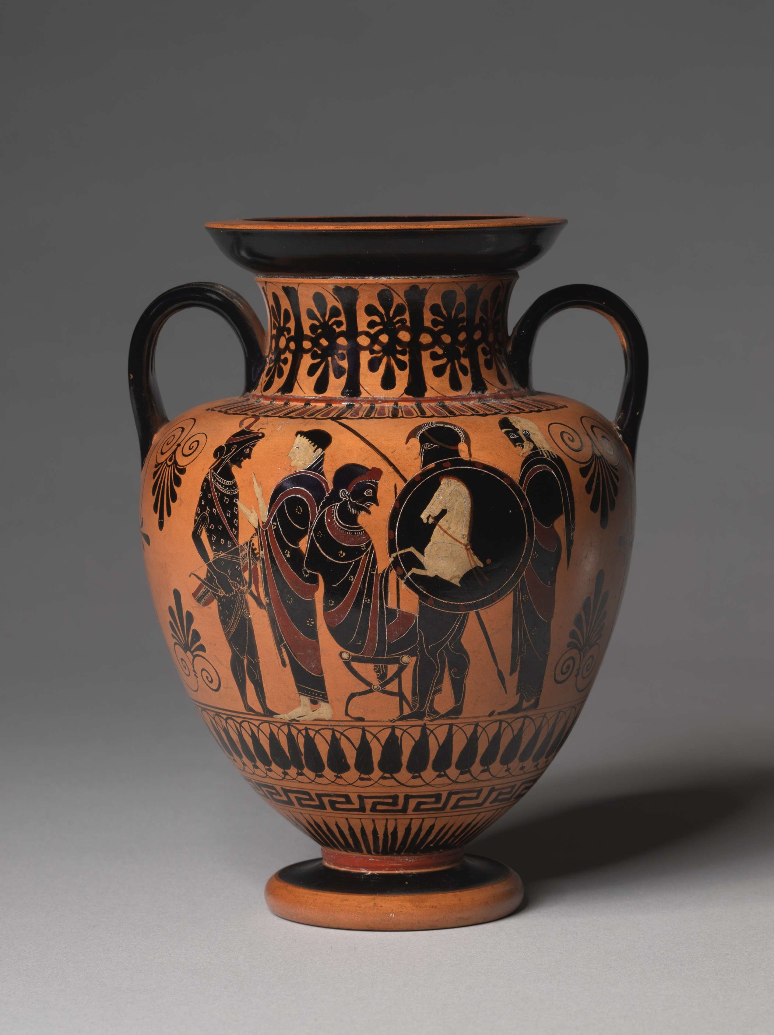 Διόνυσος και Σάτυροι. Black-Figure Neck-Amphora (Storage Vessel): Departing Warriors (A); Dionysos and Satyrs (B) c. 520-510 BC. Μουσείο Τέχνης του Κλίβελαντ.