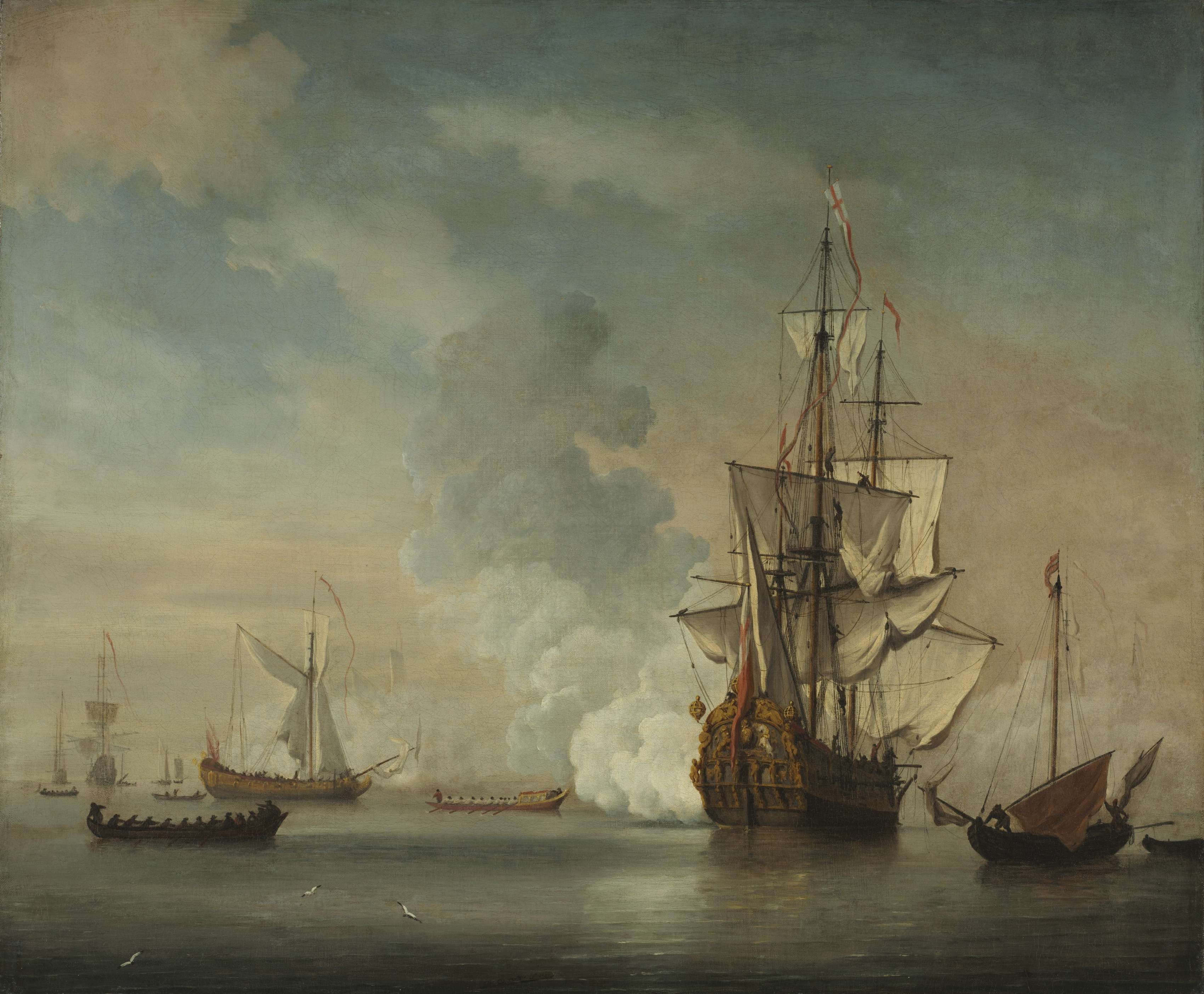 Αγγλικά πλοία. English Warship Firing a Salute. 1690. Netherlands, 17th century. Μουσείο Τέχνης του Κλίβελαντ.