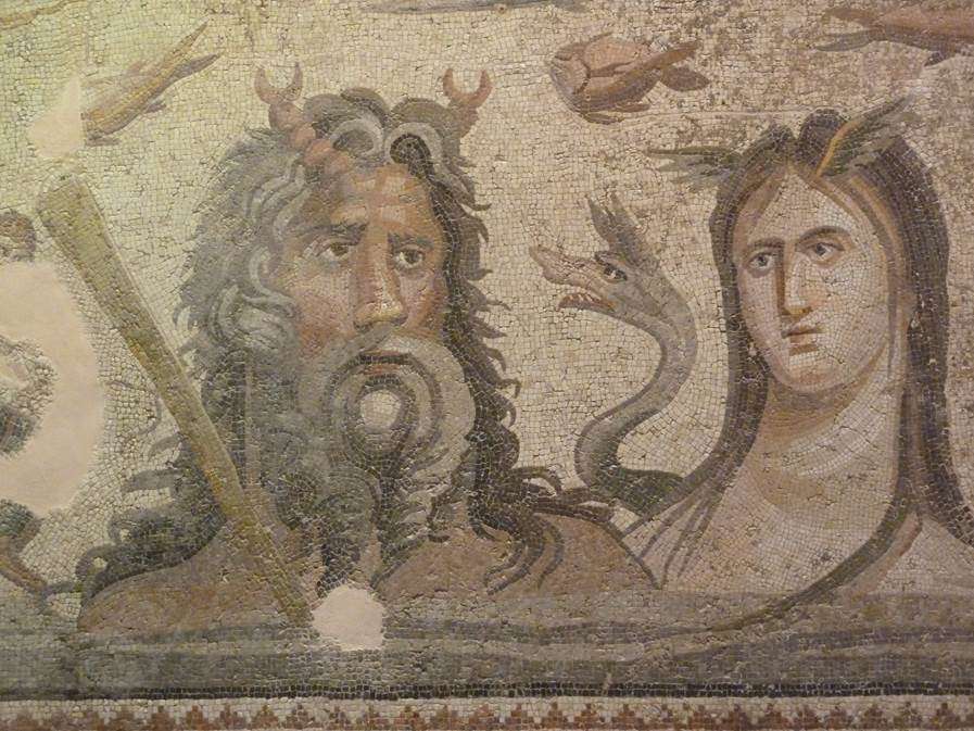 Ζεύγμα. Ωκεανός και Τηθύς. Θησαυρός της παγκόσμιας πολιτιστικής κληρονομιάς. Mosaic (3rd ce. AD) of Oceanus and Tethys, Sea deities from the Greek mythology found at the House of Oceanus, Zeugma, SE Asia Minor, present – day Turkey.