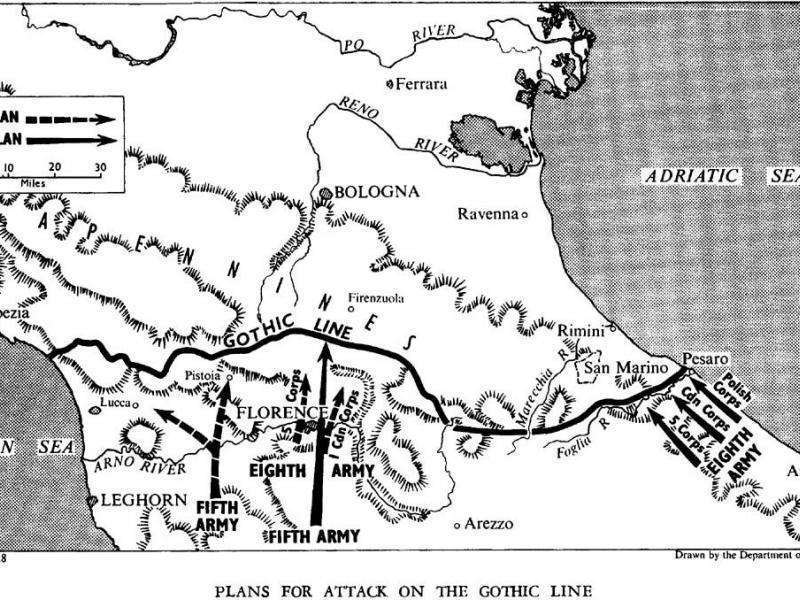 Η «Γοτθική Γραμμή» που εκτεινόταν από την Πίζα έως το Ρίμινι στην Αδριατική, με συνολικό ανάπτυγμα περίπου 350 χιλιομέτρων, ήταν ενισχυμένη με αντιαρματικά έργα, ναρκοπέδια και χαρακώματα, ενώ την υπεράσπισή της είχε αναλάβει ο στρατηγός Αλμπερτ Κέσερλινγκ με δύο στρατιές συνολικής δύναμης είκοσι οκτώ μεραρχιών.