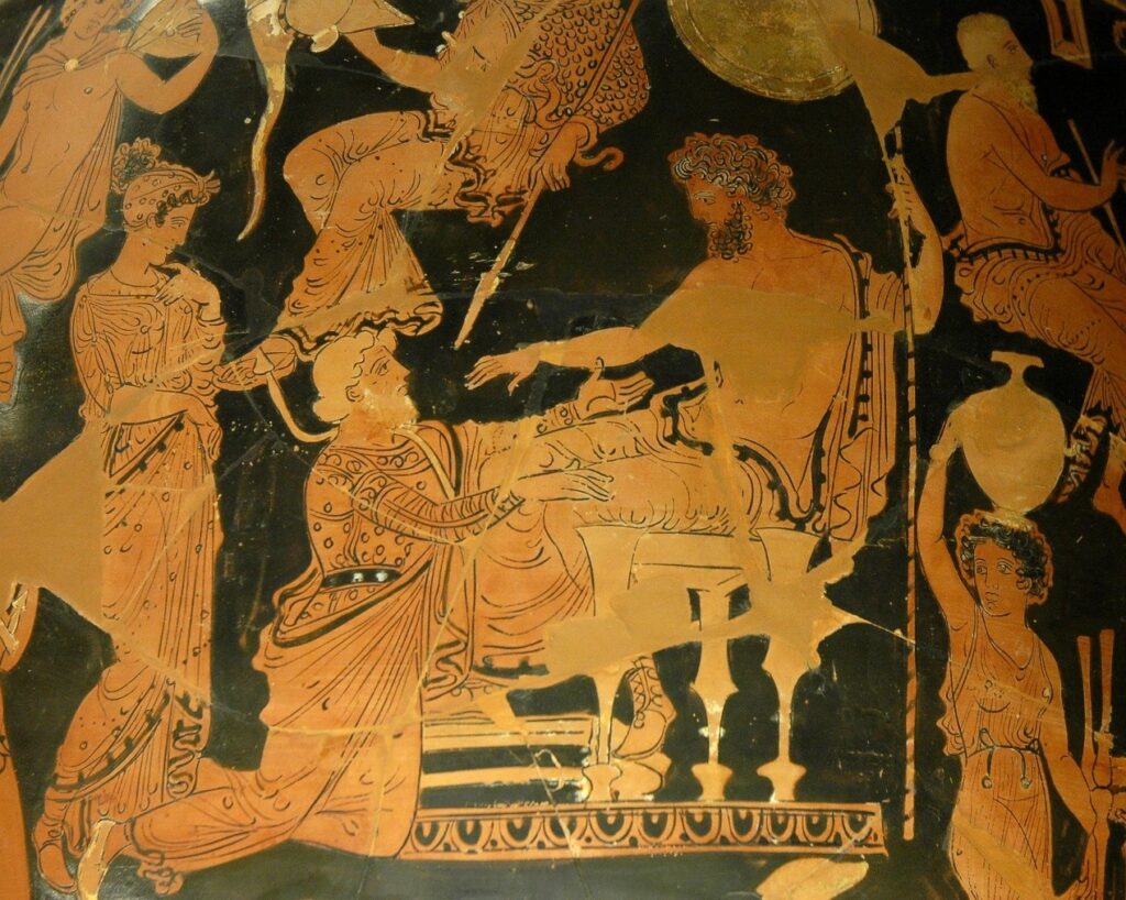 Ο Χρύσης επιχειρεί παρακαλώντας να εξαγοράσει την κόρη του από τον Αγαμέμνονα. Απουλιανός ερυθρόμορφος κρατήρας, περ. 360 - 350 π.Χ., Μουσείο του Λούβρου.
