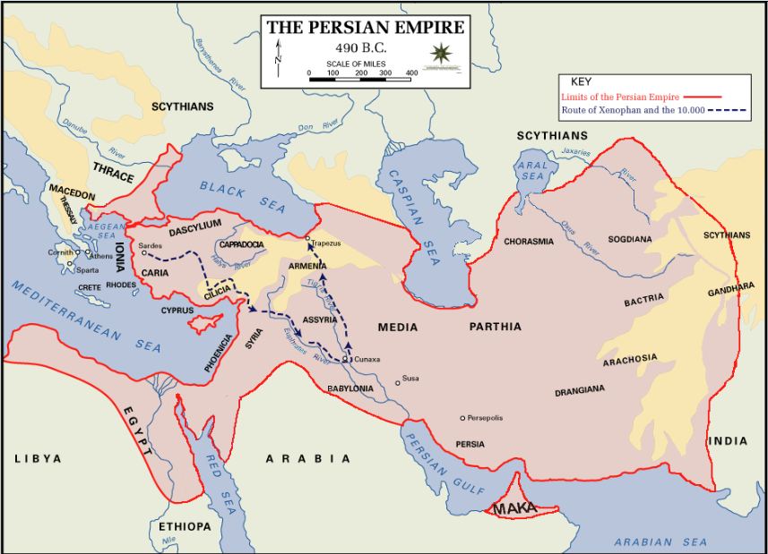Η αυτοκρατορία των Περσών στα 490 π.Χ. Η πορεία των Μυρίων. Πηγή: Βικιπαίδεια.