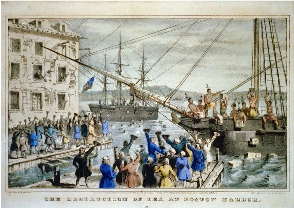 Λιθογραφία του 1846 με την ρίψη των κιβωτίων τσαγιού στο λιμάνι της Βοστώνης.