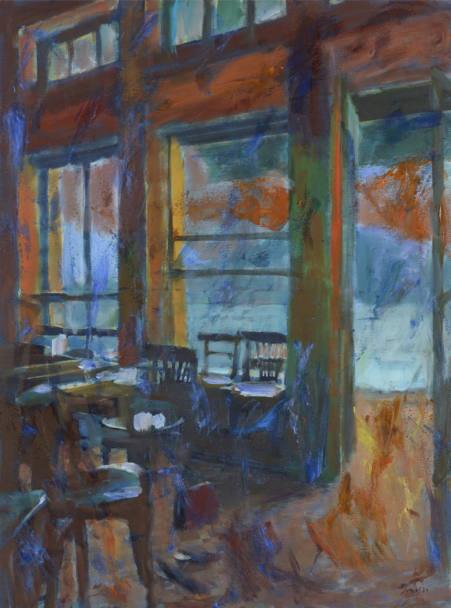 Η ατμόσφαιρα του κλειστού εδώ και χρόνια παραδοσιακού καφενείου της πλατείας Αττικής «Ο Παράδεισος» όπως την αποτύπωσε το 2020 ο ζωγράφος Παύλος Σάμιος (1948-2021). Φωτ. ΓΚΑΛΕΡΙ ΣΚΟΥΦΑ