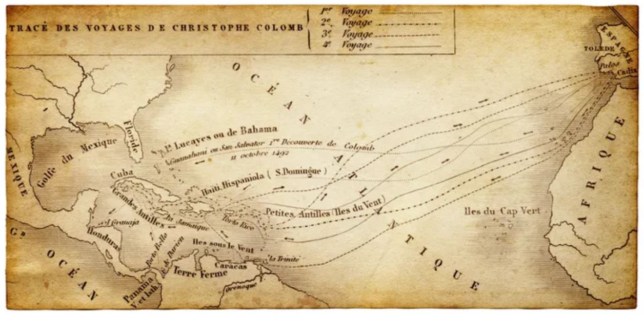 Μικρός χάρτης του 1882 με τα ταξίδια του Χριστόφορου Κολόμβου στην Αμερική. THEPALMER VIA GETTY IMAGES