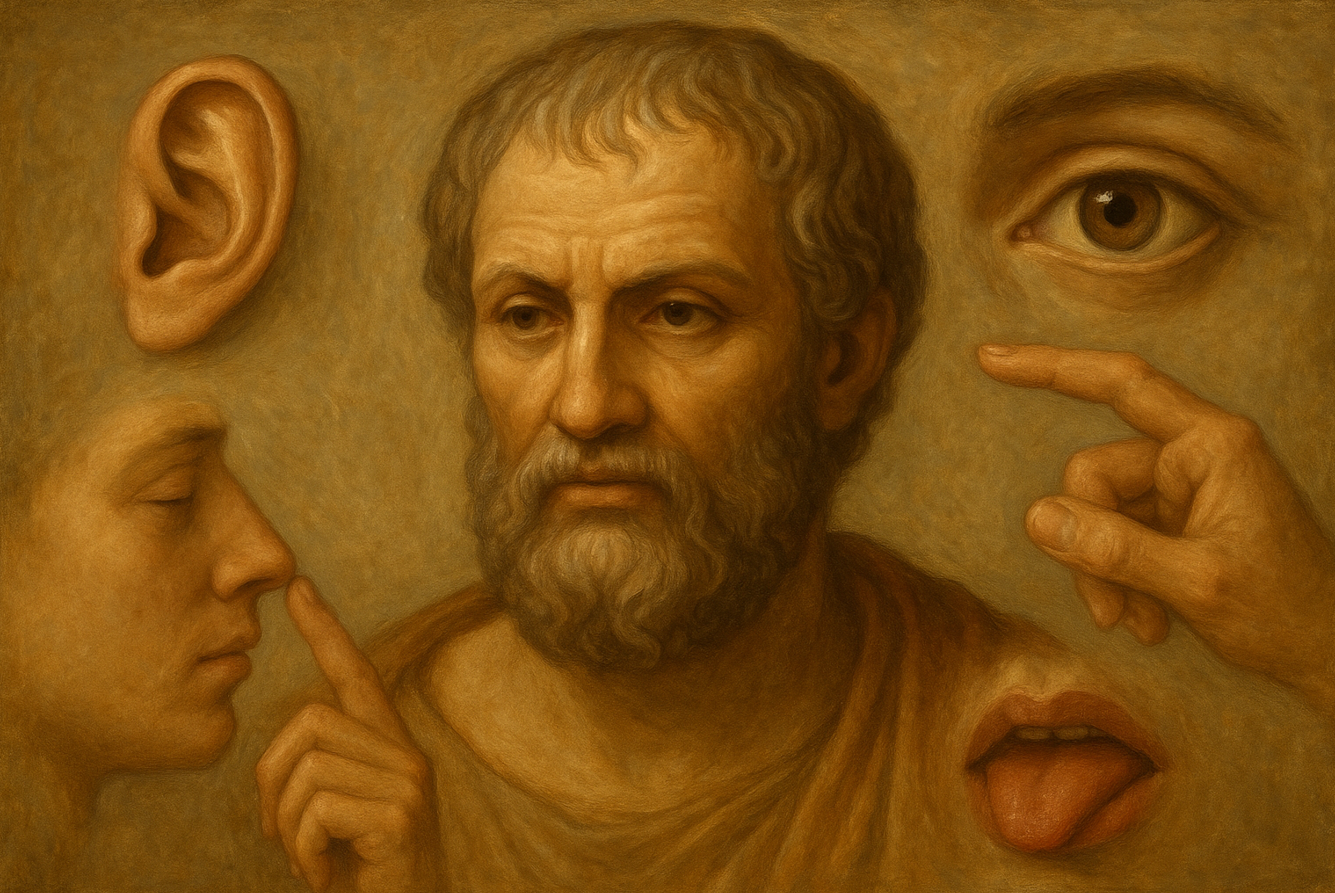 «Οι αισθήσεις […] αντιλαμβάνονται κατά περίσταση τα ιδιαίτερα αισθητά η μια της άλλης, όχι ως ιδιαίτερες αισθήσεις, αλλά ως μία αίσθηση, όταν όλες οι αισθήσεις συγκεντρωθούν στο ίδιο αντικείμενο· όπως για παράδειγμα αντιλαμβανόμαστε πως η χολή είναι πικρή και ξανθή· γιατί δεν είναι έργο άλλης αίσθησης να πει ότι τα δύο αυτά αισθήματα αναφέρονται σε ένα πράγμα· γι’ αυτό η κοινή αίσθηση εξαπατάται και αρκεί για παράδειγμα ένα αντικείμενο να είναι ξανθό, για να πιστέψει κανείς πως είναι χολή» (425a 33 και 425b 1-4).